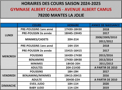 Horaires AS Mantaise Judo Camus 2024-2025