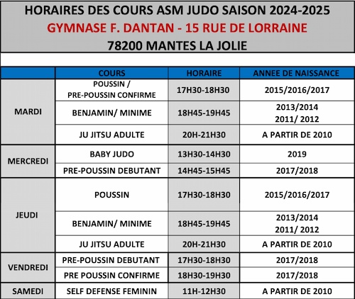 Horaires AS Mantaise Judo Dantan 2024-2025