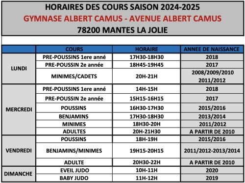 Horaires AS Mantaise Judo Camus 2024-2025